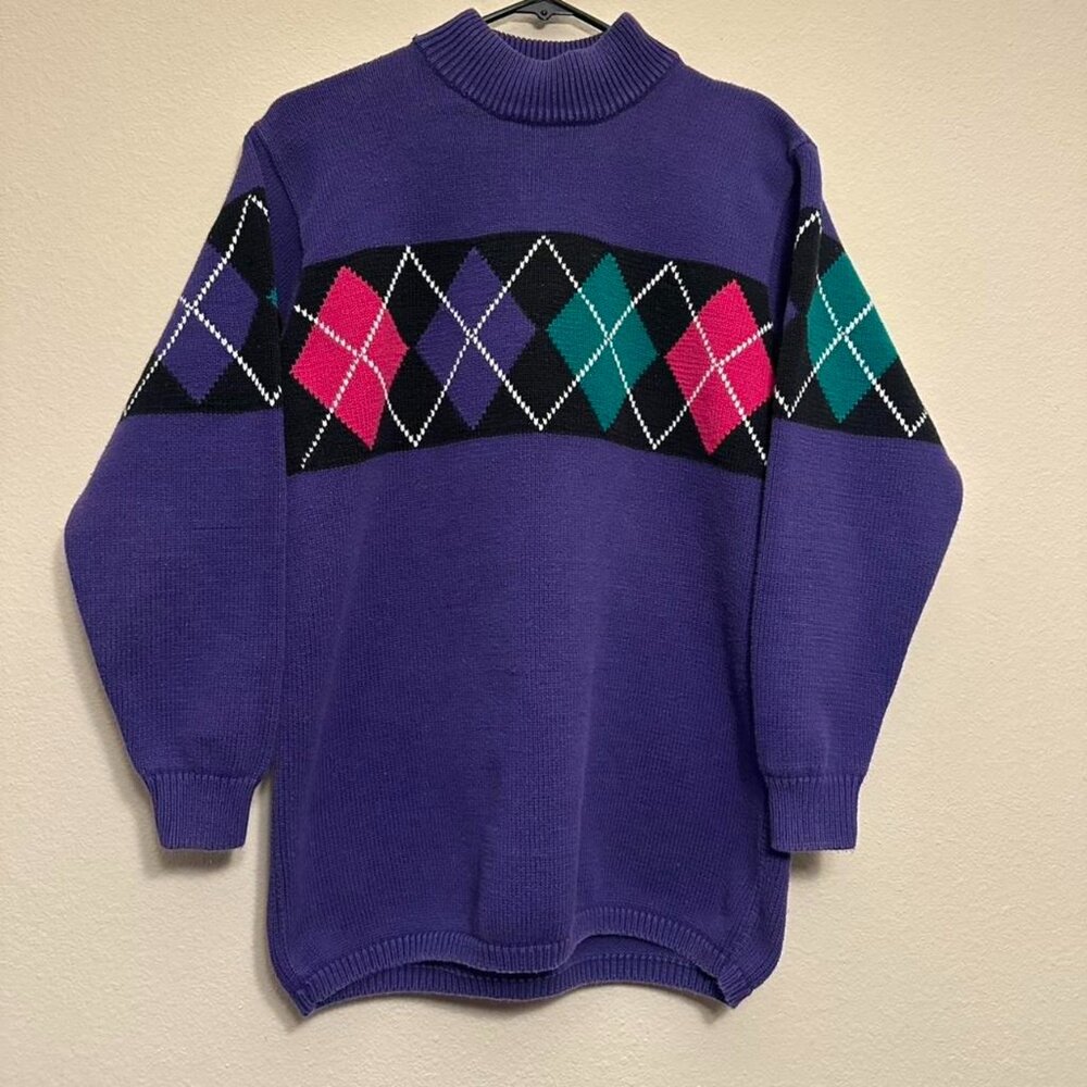 Vintage Liz Sport Purple Argyle Mock Neck Sweater